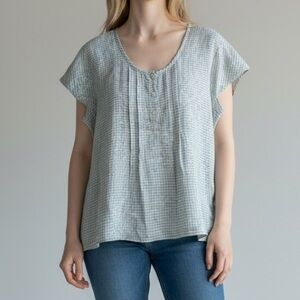 FLAX Designs Linen Tunic Top Shirt Short Sleeve Ivory Green Check